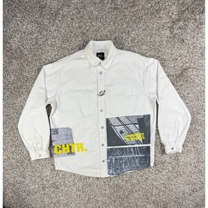 Zara White Denim "No Worries" Denim Overshirt with Slogan Patches - Size L